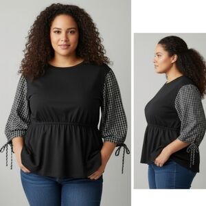 Eloquii Cotton Shirt Elastic Waist Blouse Gingham Sleeves Black White Size 14-16